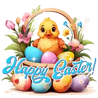 a happy easter greeting with a chicken in a basket of eggs
