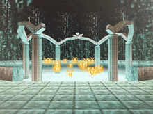 a computer generated image of a room with columns and arches with angels coming out of them