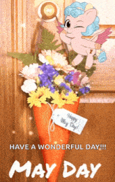 a pony is holding a bouquet of flowers with a tag that says " happy may day "