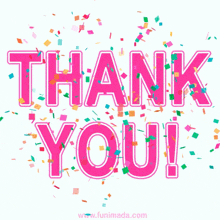 the word thank you is surrounded by colorful confetti on a white background
