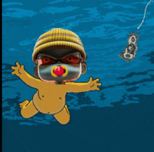 a cartoon character with a pacifier in his mouth swimming in the water