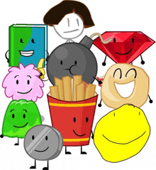 a group of cartoon characters including a bomb and a bucket of french fries are standing next to each other