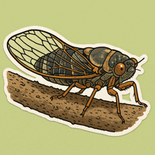 a sticker of a cicada on a branch with a green background