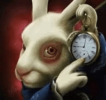 the white rabbit from alice in wonderland is holding a pocket watch and pointing at it .