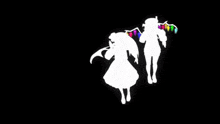 two silhouettes of anime characters with rainbow colored wings are dancing together .