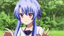 a girl with blue hair and red eyes stands in a field