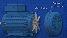 a blue drawing of a motor with the words cubierta protectora written on it