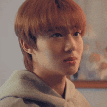 a close up of a young man 's face with a hoodie on