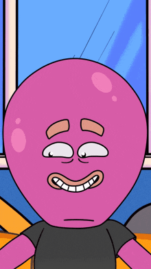 a cartoon character with a pink head and brown eyebrows is smiling