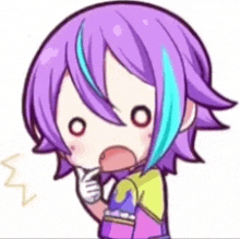 a cartoon of a girl with purple hair and blue streaks is making a funny face .