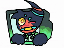 a cartoon character with a skull badge on his chest