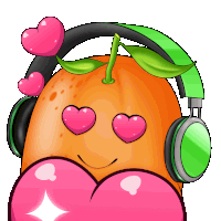 a cartoon illustration of an orange wearing headphones and hearts in its eyes
