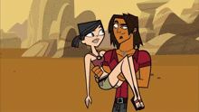 a man is carrying a woman in his arms in a cartoon scene