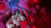 a painting of a vampire holding a bloody heart in front of a demon .