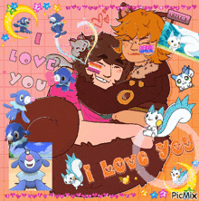 a pixel art of a couple hugging with the words " i love you "