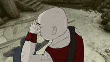 a cartoon drawing of a bald man with a red vest and the words roguereactor.com on the bottom right