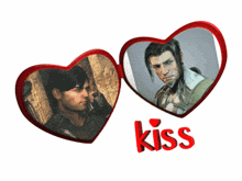 two hearts with a picture of a man and the word kiss below them
