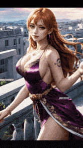 a woman in a purple dress with the letter g on her chest is standing on a balcony