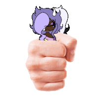 a cartoon character with purple hair and horns is being held in a fist