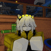 a cartoon character with a cat ear headband and a sad look on her face