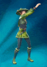 a cartoon character is wearing a frog hat and standing on a blue surface .