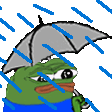 a green frog is holding an umbrella in the rain