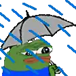 a green frog is holding an umbrella in the rain