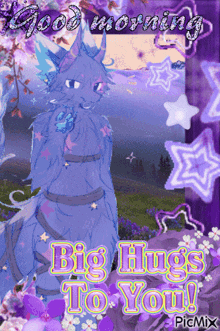 a picture of a cat with the words " big hugs to you "