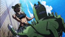 a cartoon of a woman standing next to a green monster with a blue sky in the background