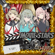 a picture of three anime girls with the words movie stars