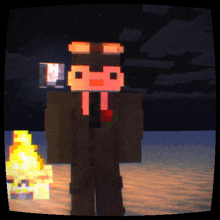 a minecraft character in a suit and tie is standing in front of a fire
