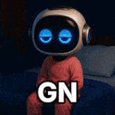 a robot with a helmet on his head is sitting on a bed with the word gn above him