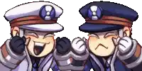 a couple of cartoon characters wearing hats and gloves are laughing .