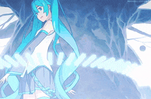 a drawing of a girl with long blue hair and the words wandereleonmagic