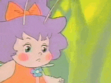 a cartoon character with purple hair and a flower on her dress