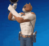 a brown and white cat is holding a frying pan in his hand