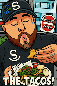 a cartoon of a man eating tacos with a do not enter sign