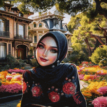 a painting of a woman wearing a hijab in front of a house that says ' williamsburg ' on the front