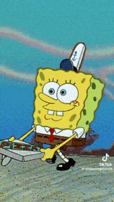 spongebob squarepants is carrying a box of pizza in his hands .