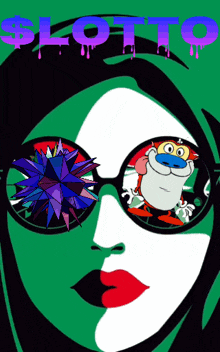 a poster of a woman wearing sunglasses with a cartoon character in the glasses