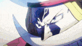 a close up of a cartoon character with a sword in his mouth