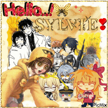 a collage of anime characters with the words hello sylvie in red letters
