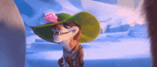 a cartoon dog wearing a green hat with a pink flower