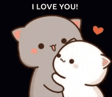 a cartoon cat is hugging another cat with the words `` i love you '' written on the bottom .
