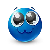 a blue smiley face with big eyes and a smile