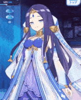 a girl with long purple hair is wearing a blue and white dress with the number 123/196 on the bottom