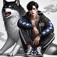 a man sitting next to a wolf wearing a mb hoodie