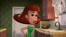 a cartoon woman is standing in a kitchen with a bowl of fruit on the counter
