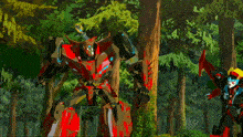 a cartoon drawing of a robot fighting another robot in a forest