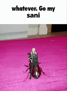a cartoon of a man standing on a pink rug with the words whatever go my sani